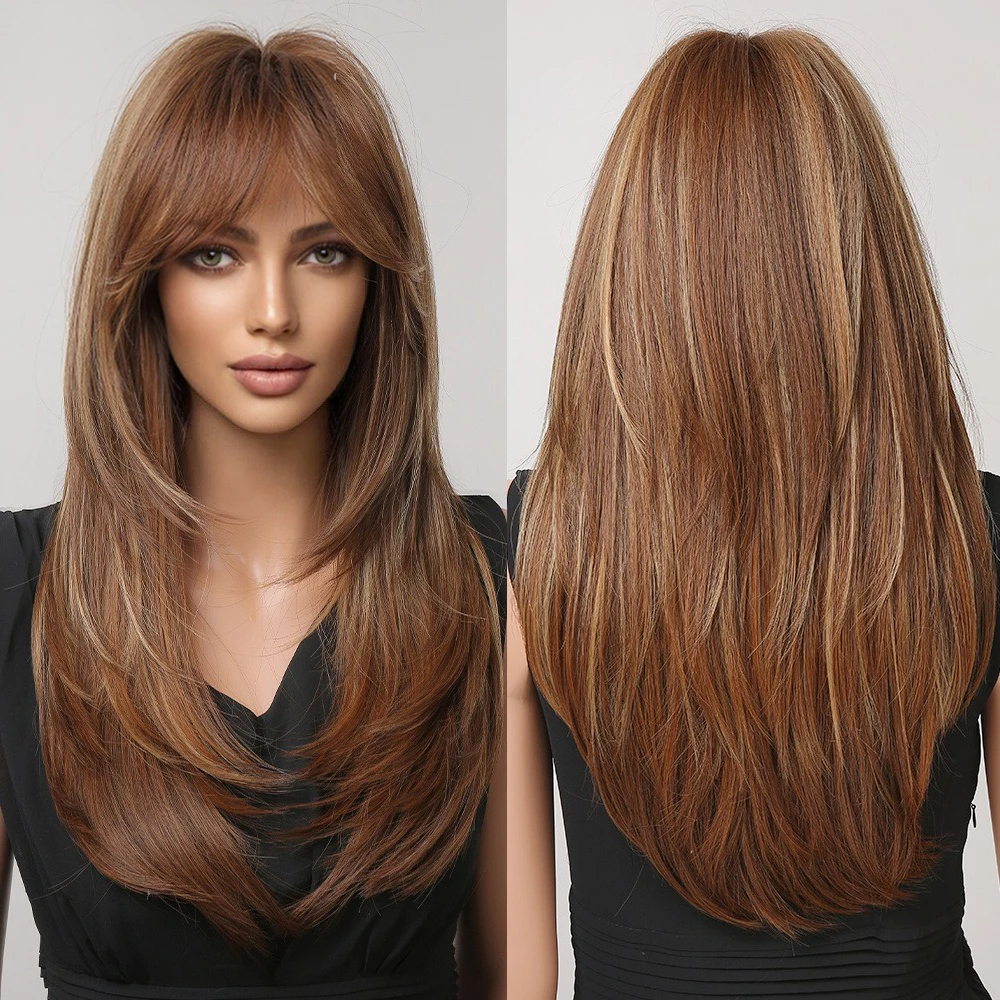 Factory Outlet MOQ 1Long Layered Brown Synthetic Wigs for Women Straight Blonde Mixed Bangs Wigs Use Heat Resistant Fiber