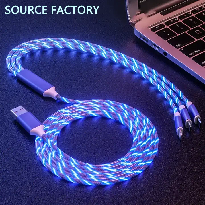 

1.2M 3 in 1 USB Charger Cable For Mobile Phone Micro USB Type C Charge Cable Smart Phone Charging LED Streamer Glow Flowing Cord