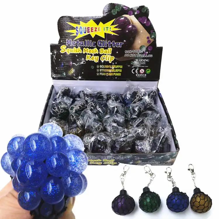 manufacturer Glitter Powder Squishy Mesh Ball with Keychain Grape Shape Squeeze Splat Venting Ball Toys for Kids Adult