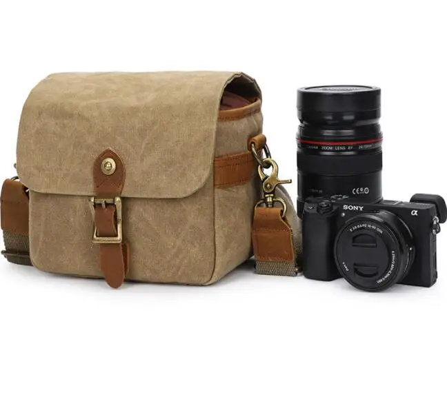 

Vintage Design Waterproof Waxed Canvas Genuine Leather Men's Crossbody Messenger Shoulder Digital Camera Bag, Camel