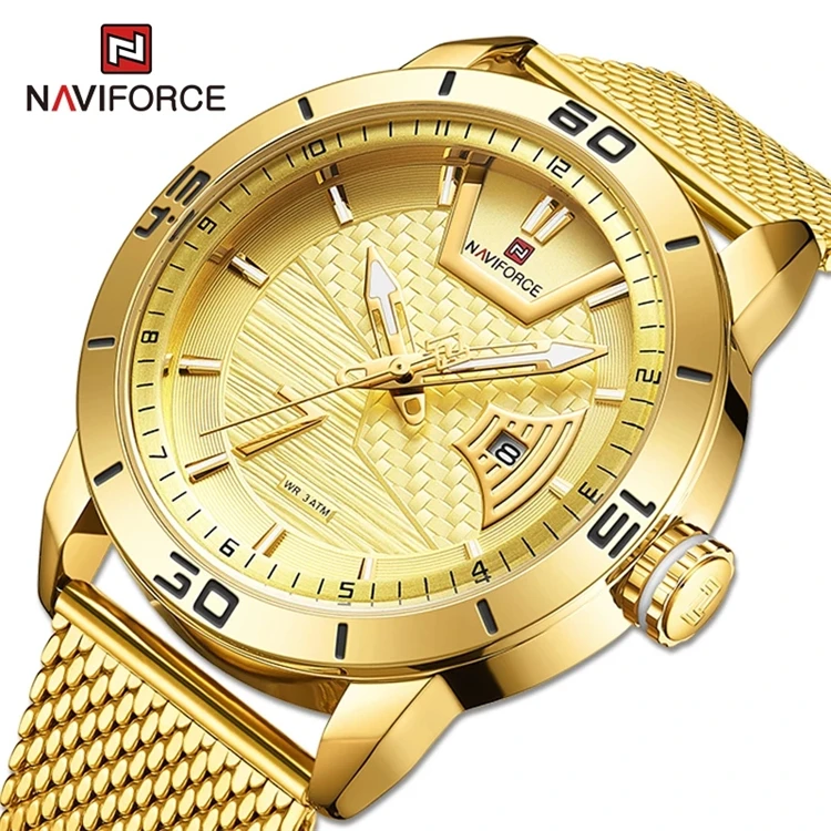 

NAVIFORCE Gold Watches For Men Luxury Brand Fashion Casual Quartz Wrist watch Mesh Steel Band Waterproof Military Sport Clock