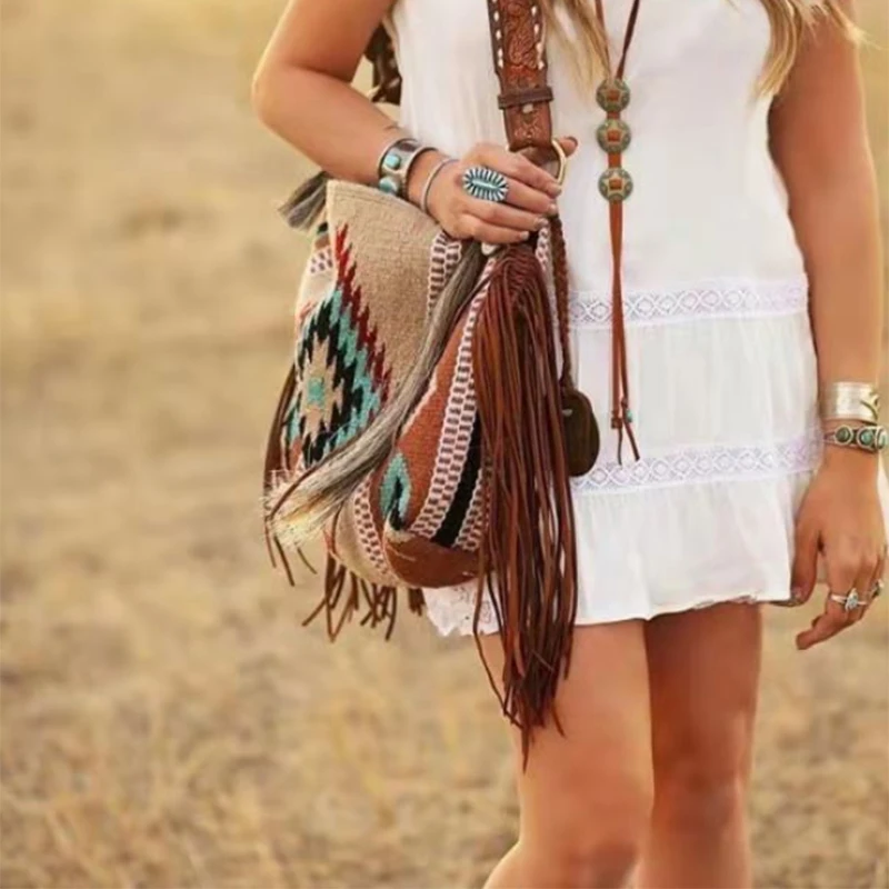 

Women Handbags Aztec Tote Custom Tassel Crossbody Cowboy Bag Boho Fringe Carpet Bags