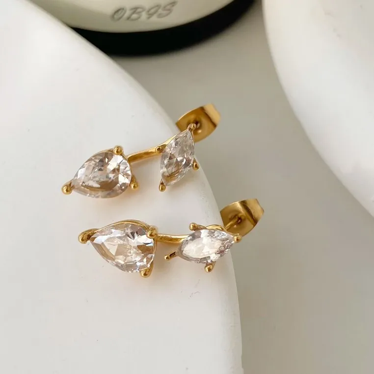 

18K Gold bright double Diamond Heart Pendant Earrings Jewelry Fashion stainless steel gold plated non-fading earrings