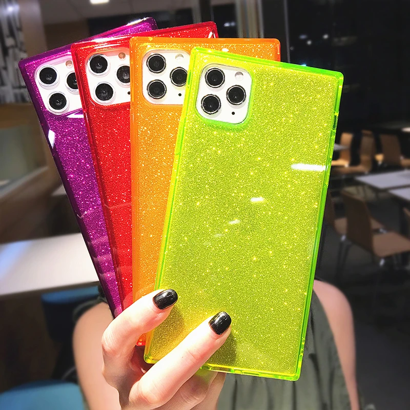 

HOCAYU Square Fluorescent Neon Bling Glitter Phone Case For iphone 12 Mini 11 Pro Max X XS Max XR X 7 8 Plus Fashion Girly Funda