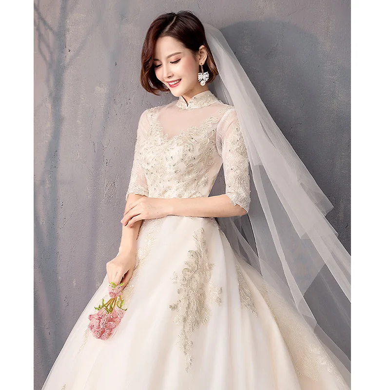 2019 High Neck Lace Half Sleeve Light Champagne Lace Wedding Gown Vintage Bridal Gown with long tail