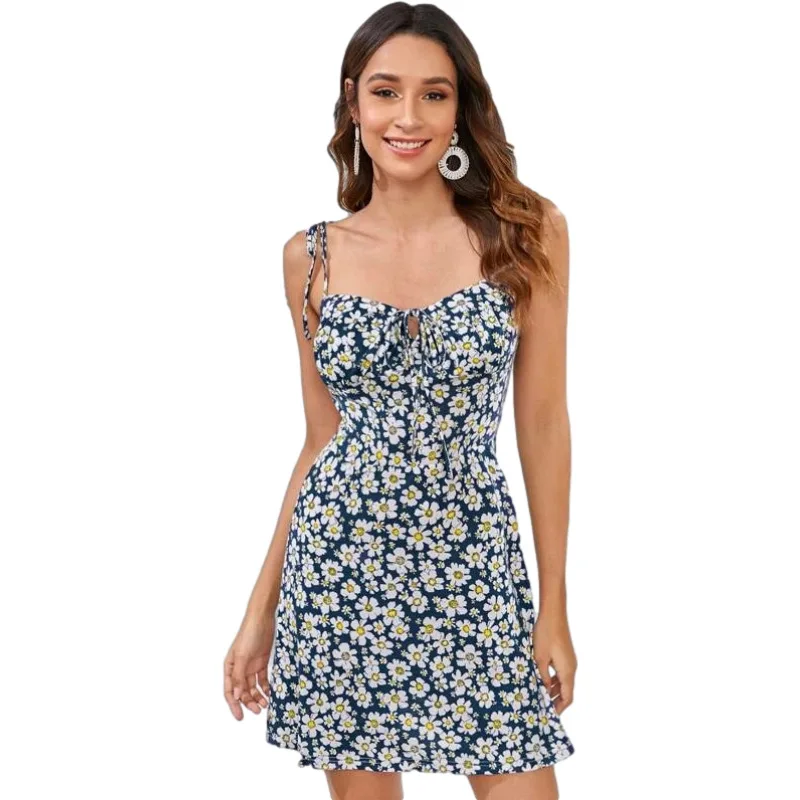 

Wholesale Women's Mini Dress Spaghetti Straps Sleeveless Boho Beach Dress Front Floral Summer Swing Cami Dress, 1 color