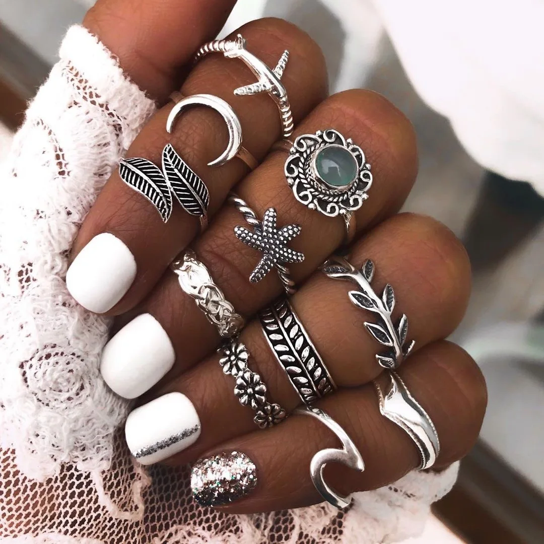 

11 Pcs/set boho women rings jewelry opal flower antique silver engagement wedding party rings, Silver plated