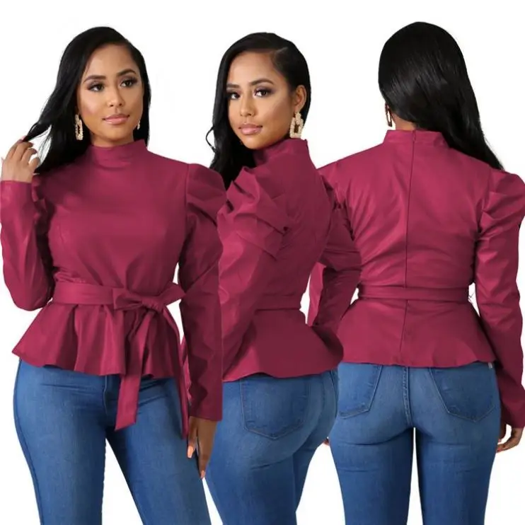 Casual Fashion Solid Color Stand NecKG Pullover Belt Clothing Latest Design 2020 Women Fashion Top KG1281