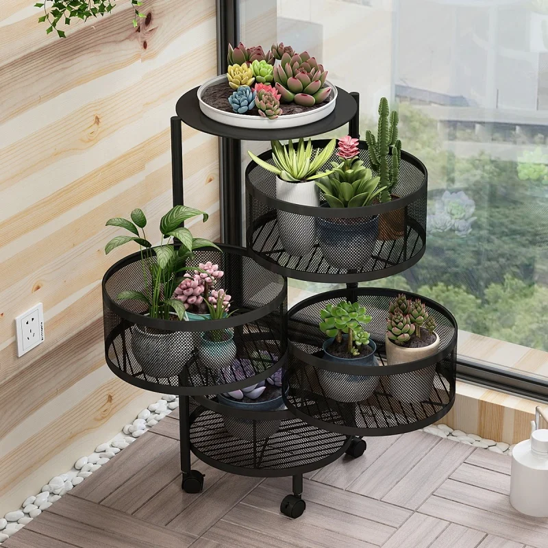 

Balcony Kitchen Bathroom Round Rotate Multi-layer 4 Tiers Food Towel Flower Plant Storage Racks Shelf Metal Holders with Wheels