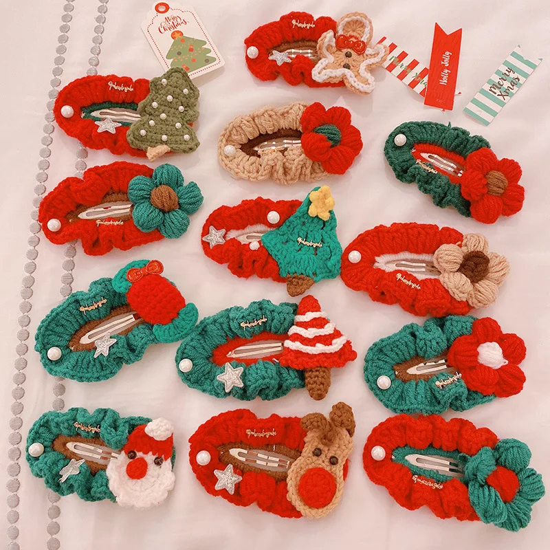 

Christmas Hair Accessories Handmade Crochet Knitted Christmas Tree Elk Flowers Hair Clip Hairpin Side Clip BB Clip For Festival