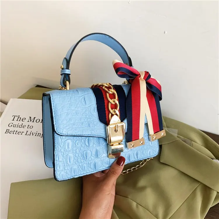 

2021 new retro crocodile pattern bags women hand bags ladies trendy alligator printing ribbon shoulder handbags for women luxury, White, red, blue, black