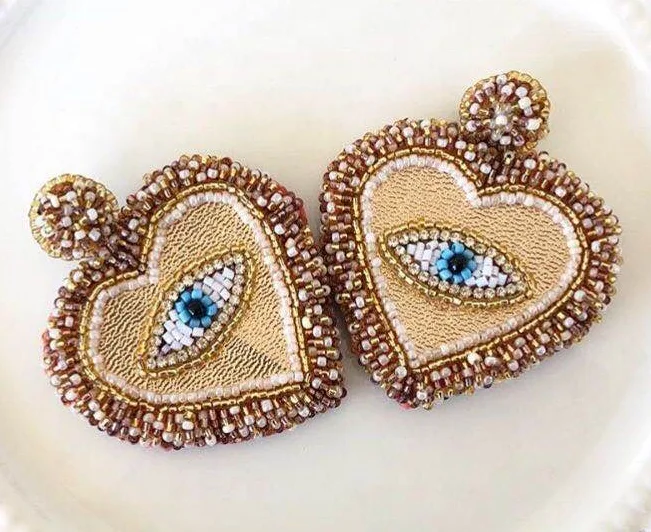 

Beautiful pure hand-made miyuki love eyes wholesale retail latest charming hand-made miyuki love heart with chic eye earrings, Multi