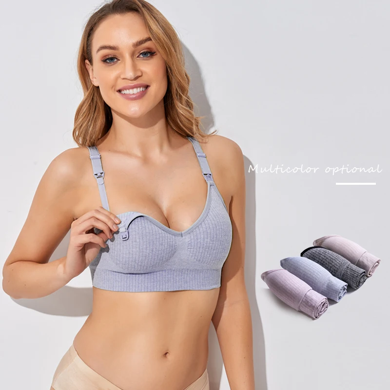 

Wholesale Pregnant Women Maternity Wireless Front Open Button Breastfeeding Seamless Nursing Bra, Grey pink,grey blue,grey coffee,grey black