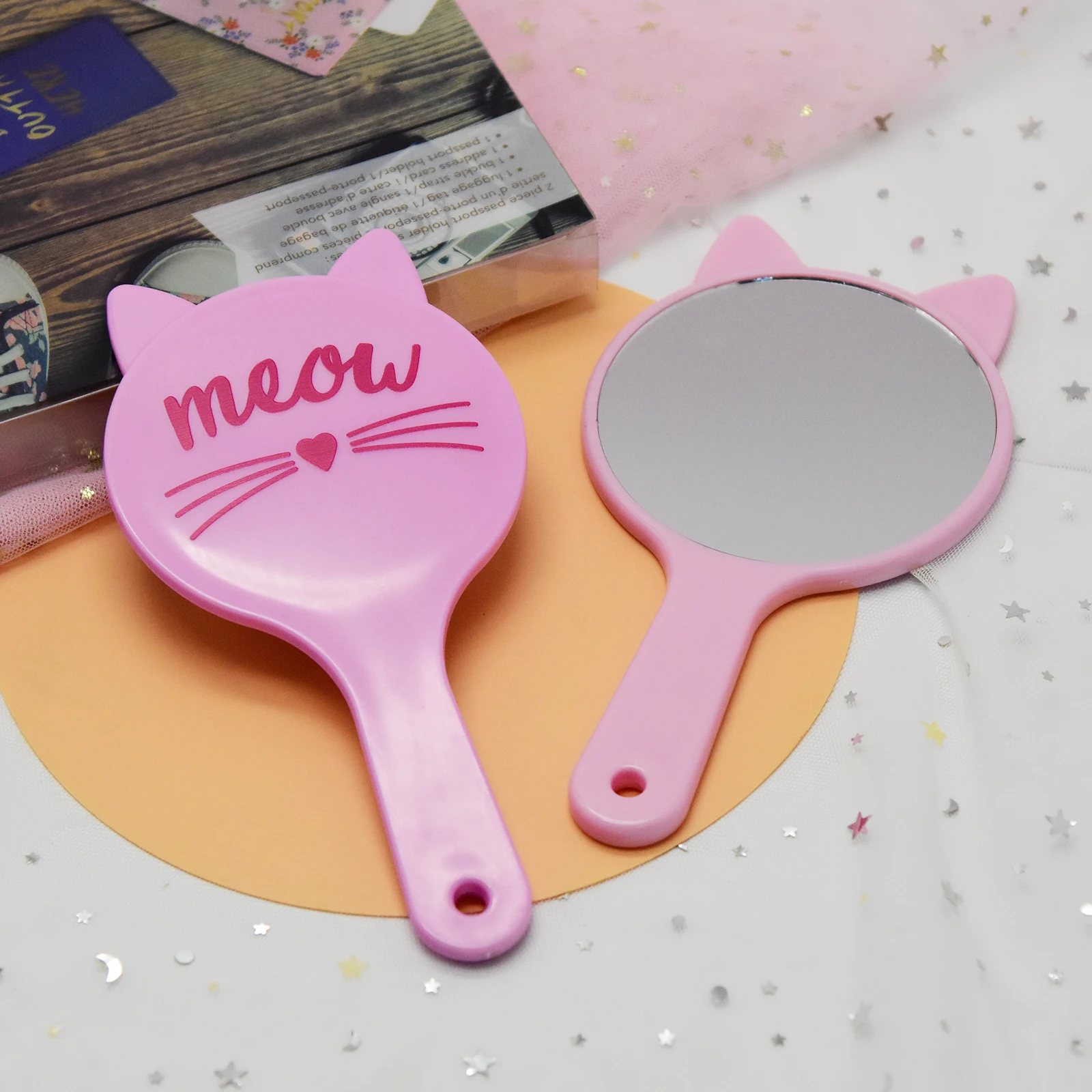 

New hot selling custom logo hand mirror cute cat shape pink handheld makeup mirror