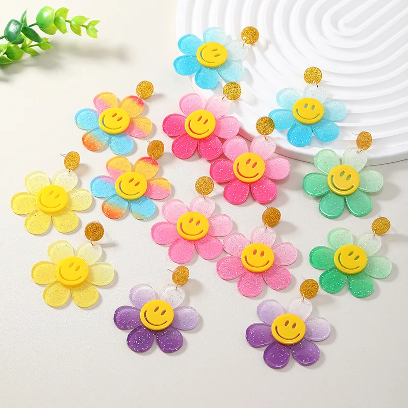 

New DIY six-petal flowers Sunflower gradient Smiley face gold sequin spring and summer acrylic earrings for children