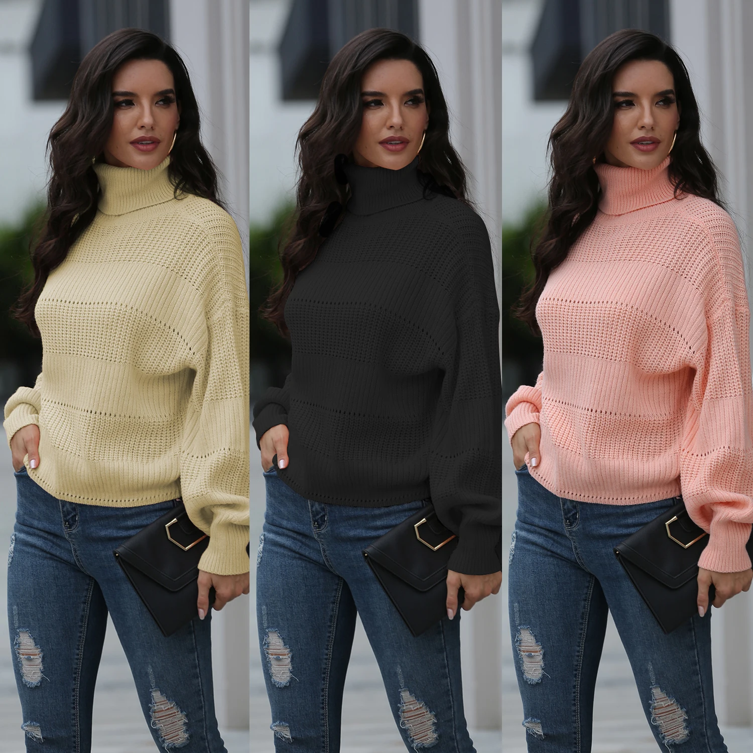 

New Autumn And Winter Lady Woman's knitted Turtleneck Sweater Long Style High Quality Solid Knit Top Pullover VD3248