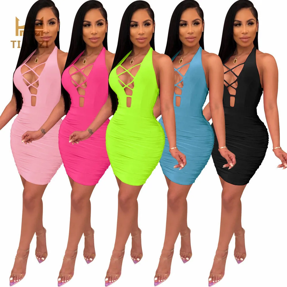 

W8602 - ladies casual halter backless bandage mini sheath dress