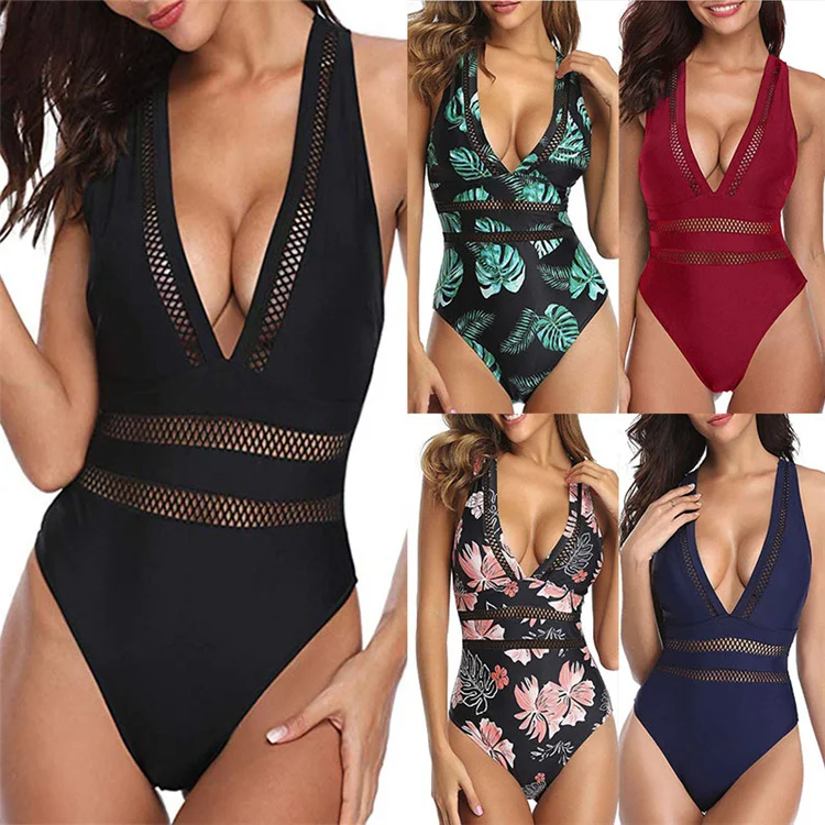 

lvCong Wholesale high quality print beach swimsuit for women sleeveless deep v swimming suit women one piece swimsuit