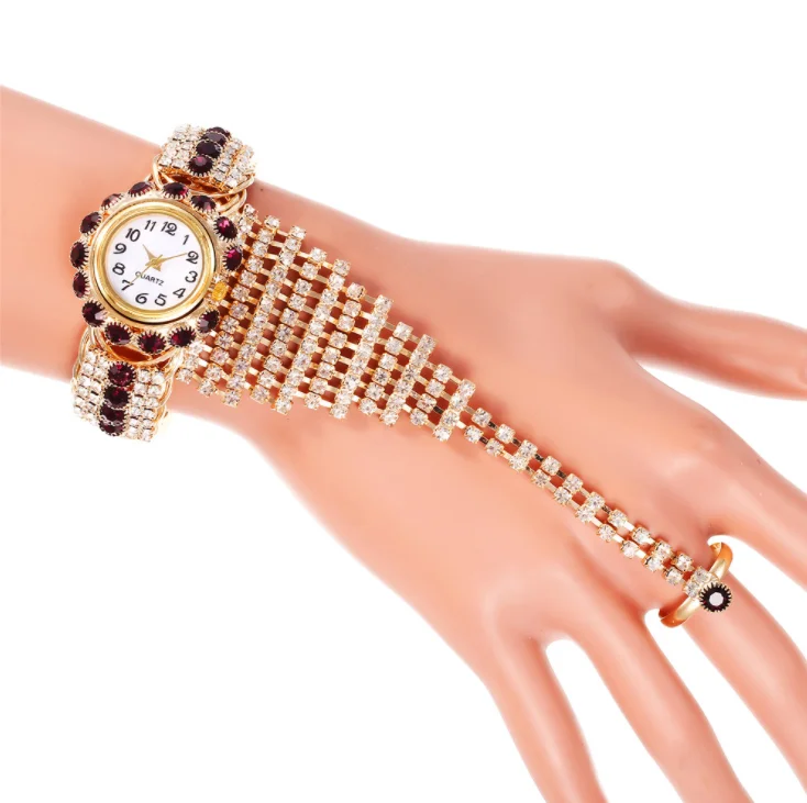

2022 new fashion women full diamond claw chain ring watch set fashion women's watch, 6 colors