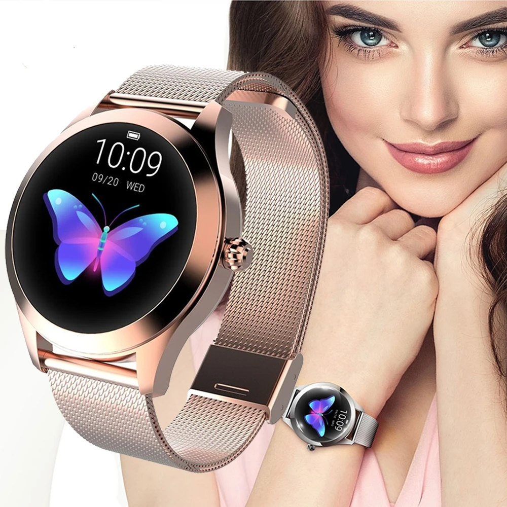 

2021 Hot selling Factory Price Stainless Steel Strap Lady Smart Watch KW10 With Blood Pressure Heart Rate Sleeping Monitor