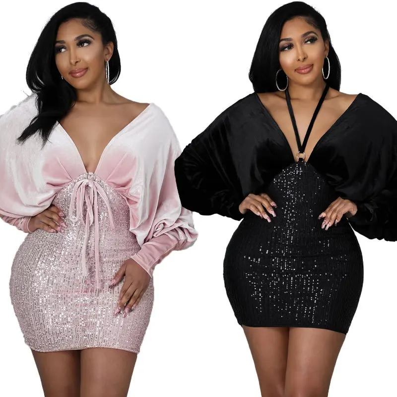 

B1204TA7 MOQ 1 Pc Sequined Velvet Bat Sleeve Sling Hight Waist Bodycon Dress Women 2022