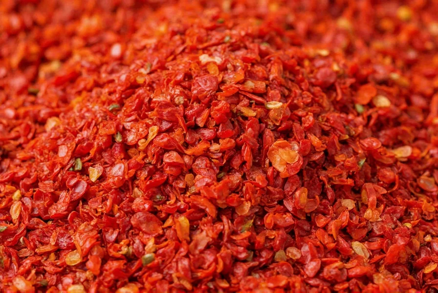 Close-up of red pepper flakes showing different chili varieties used in commercial blends