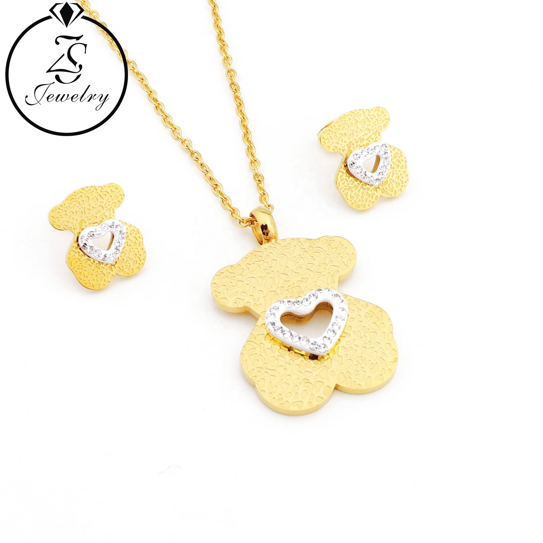 

Stainless Steel Jewelry Gold Plating 18K Lovely Heart Shaped Cirlcle Girls Clean Rhinestone Necklace Earring Set