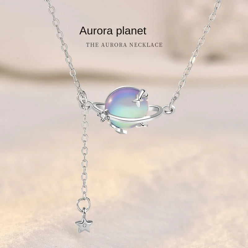 

925Sterling silver moonstone planet pendant necklace for women personalized style niche design tassel long clavicle chain, Colorful