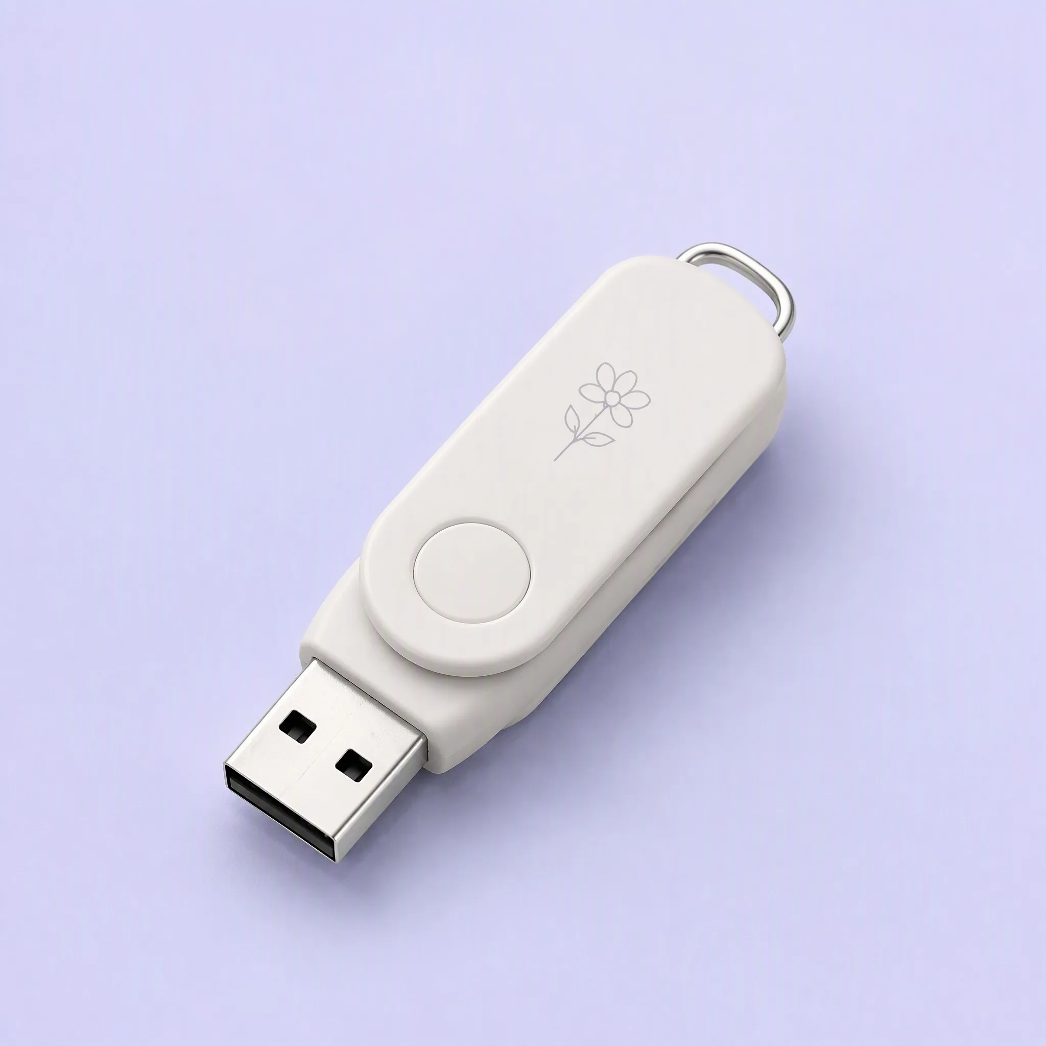 Pure Ceramic Ivory White Matte Swivel USB Drive with Minimalist Daisy Flower Outline and Chrome Loop