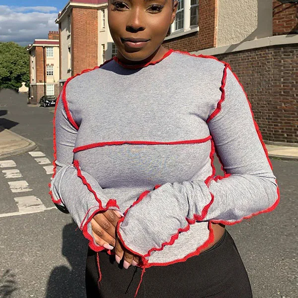 

S1485N Fall Ladies Fashion long sleeve contrast color T shirts women sexy crop tops