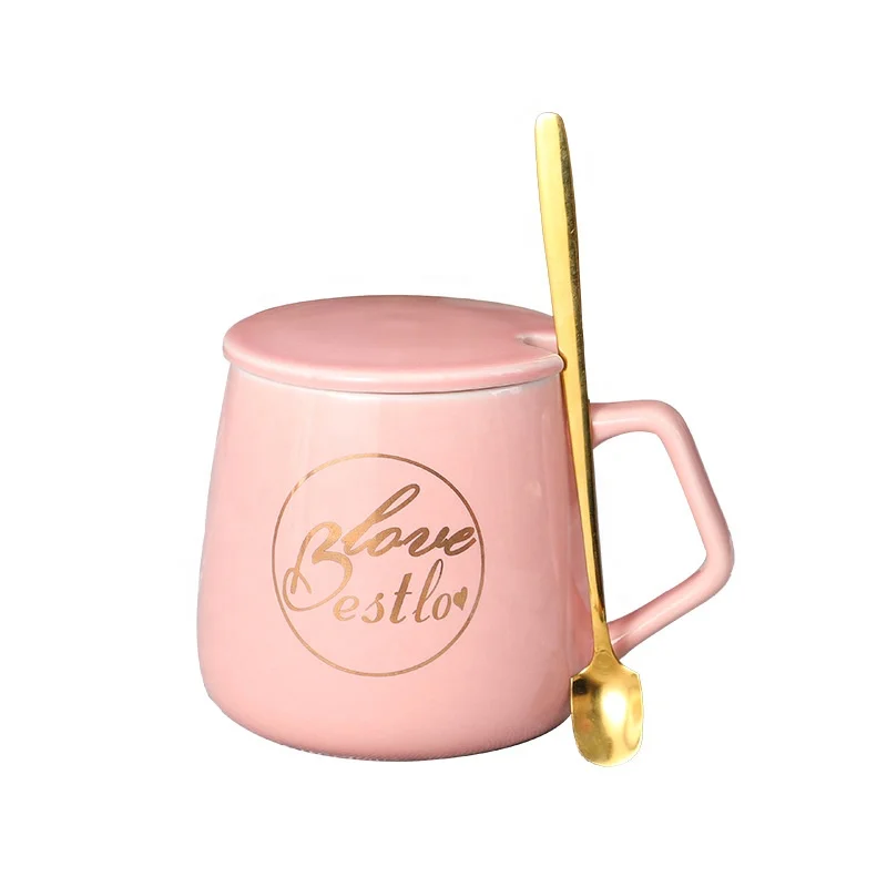 

Nordic Style Porcelain Cup Coffee Mug With Cover and Gold Spoon Gold Pattern Prting Ceramic Coffee Mug Set, Pink,green,blue