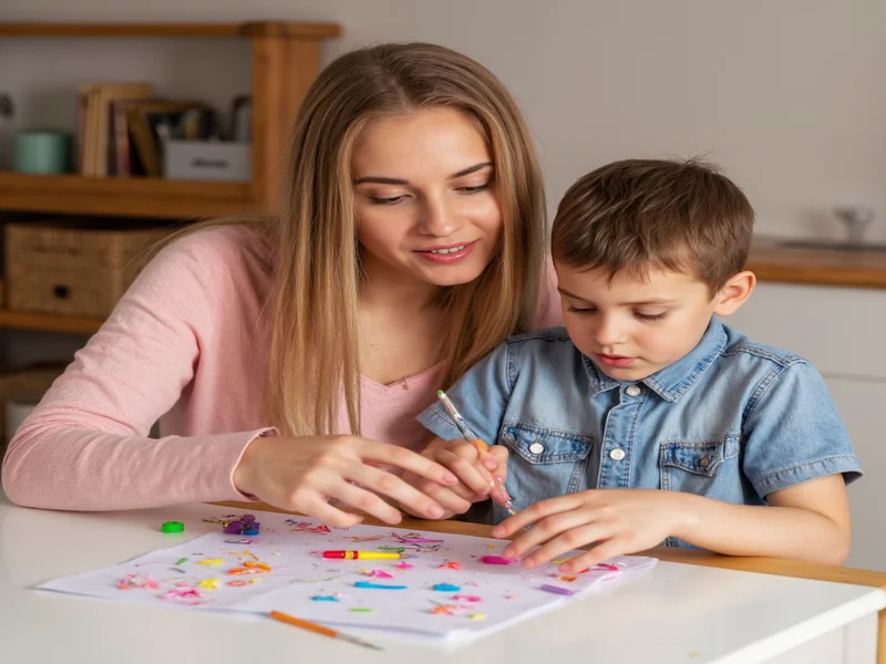 Parent helping child with craft project at home