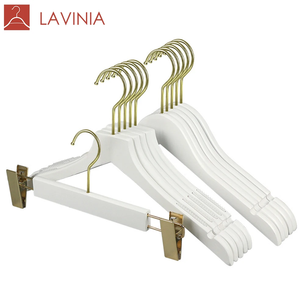 

All Type Custom Logo Luxury Cloth Hanger White Wood Clip Hanger Non Slip Boutique Gold Wooden Clothes Hanger for Clothing Shop