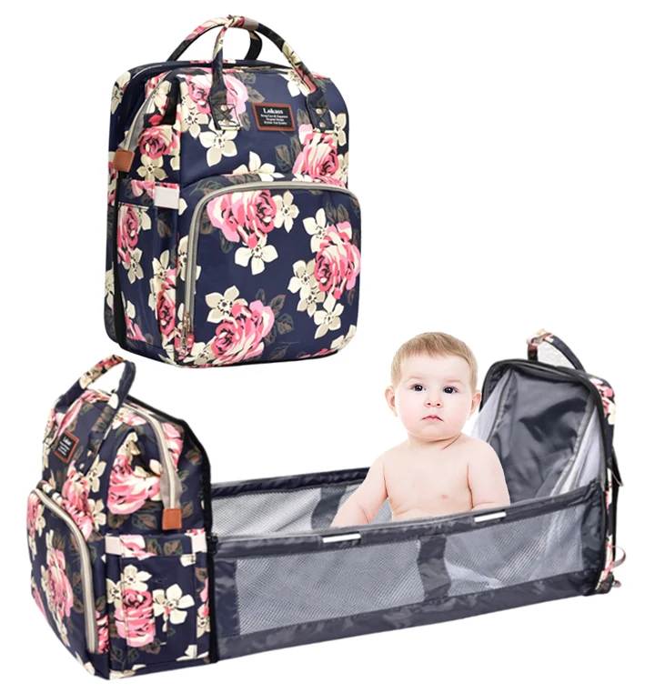 

2 In 1 Foldable Diaper Bag Multifunctional Portable Baby Bed Bag Baby Cribs Lequeen Mom Backpack Diaper Mother Baby Bag, Peony and custum