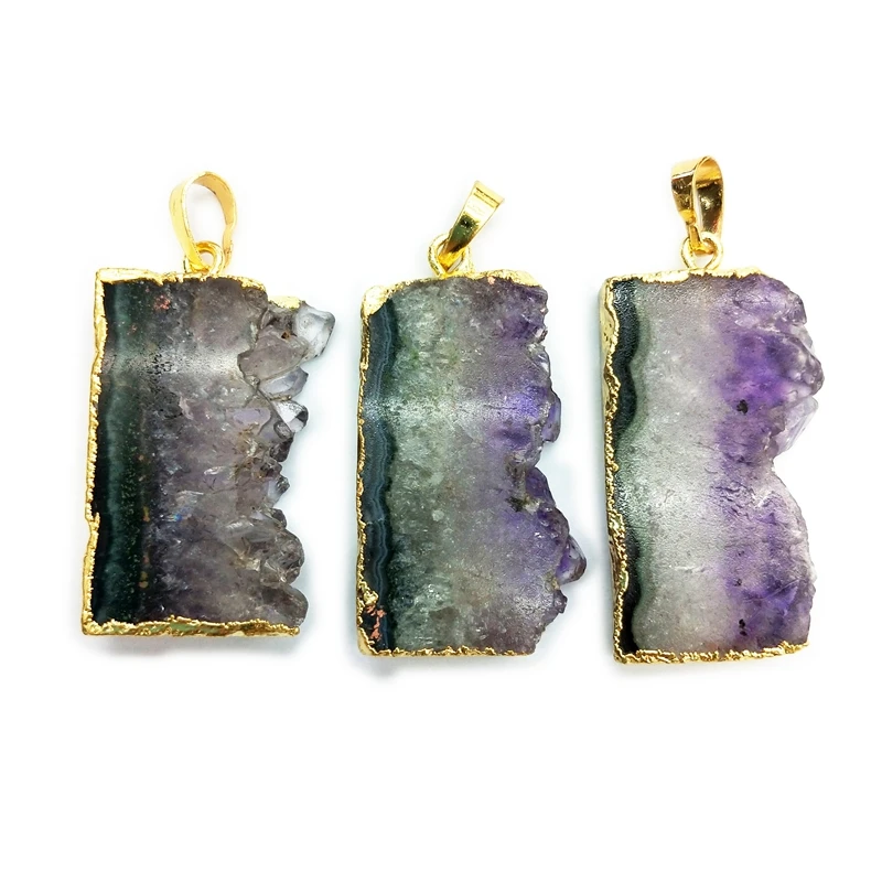 

natural Amethyst gemstone Druzy Geode Slice Pendant With Electroplated Gold and silver Edge Charms Wholesale Supplies, Purple natural pendant