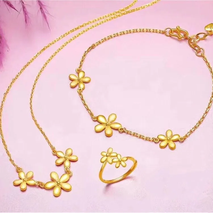 

Korea Korean Flower Jewelry Vacuum Gold Plated Elegant Peach Blossom Necklace Set Brass Gold Ring Bracelet