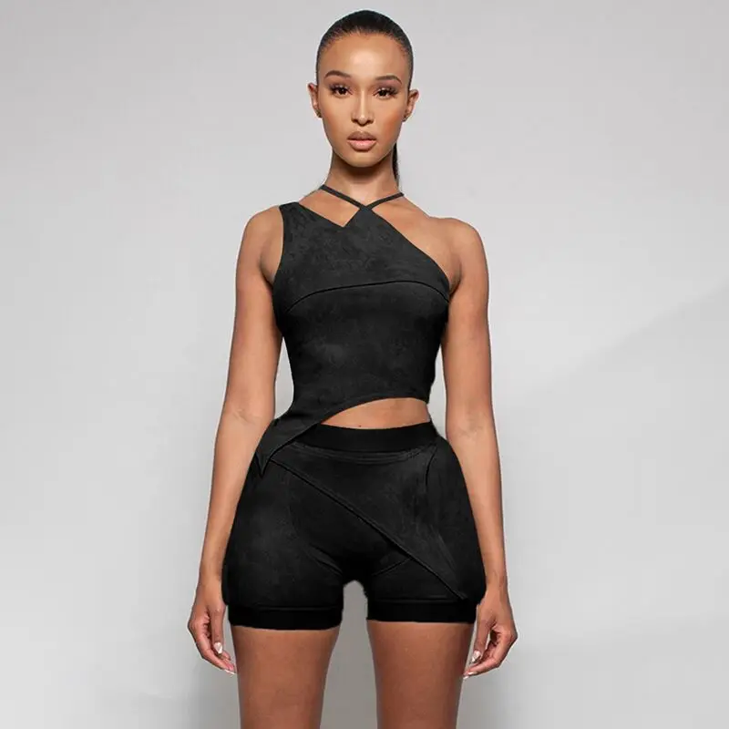 

Dropshipping Irregular Halterneck Vest High Waist Slim Shorts Two Piece Set