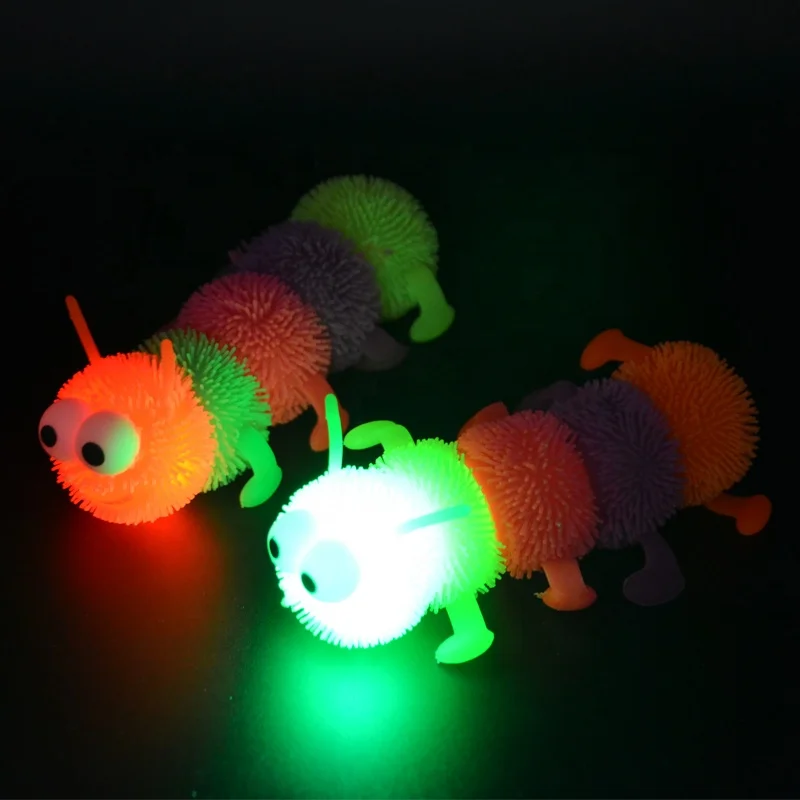 7 Light Up Soft Rubber Colorful Worms With Eyes Caterpillar Puffer Toy Sensory Fidget And