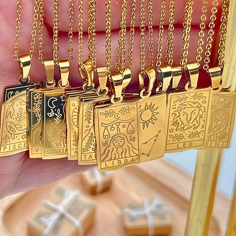 

Female elegant jewelry gold plated vintage astrology tarot necklace pendants stainless steel 12 horoscope zodiac sign necklace