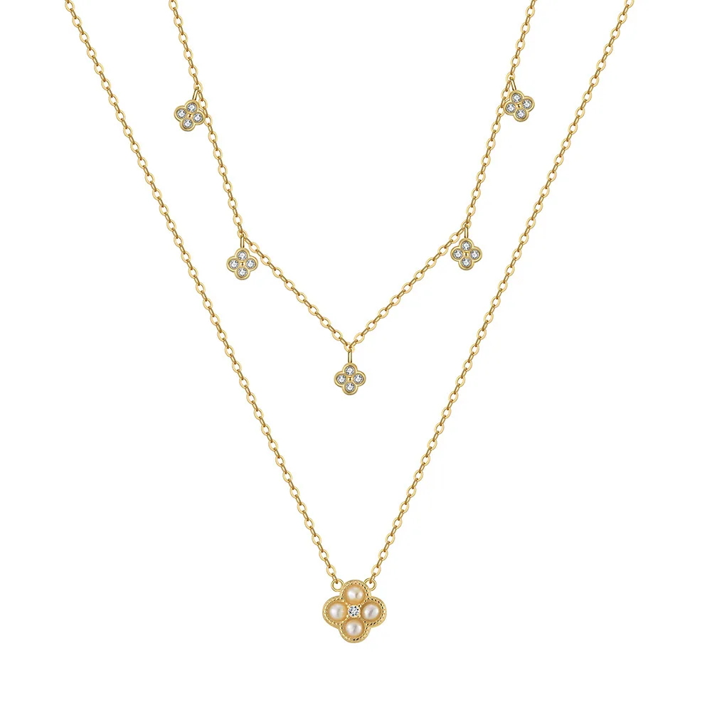 Four Leaf Clover Natural Freshwater Pearl Jewelry for Women 925 Silver Double-layer Chain Necklace Earring and Ring Jewelry Set
