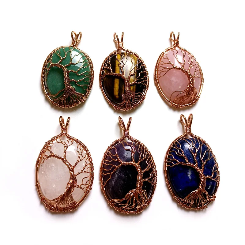 

Wholesale New Tree of Life Wire Wrapped Natural Stone Oval Shape Cabochon Quartz Charms Pendant Jewellery For Women, Multi quartz pendant