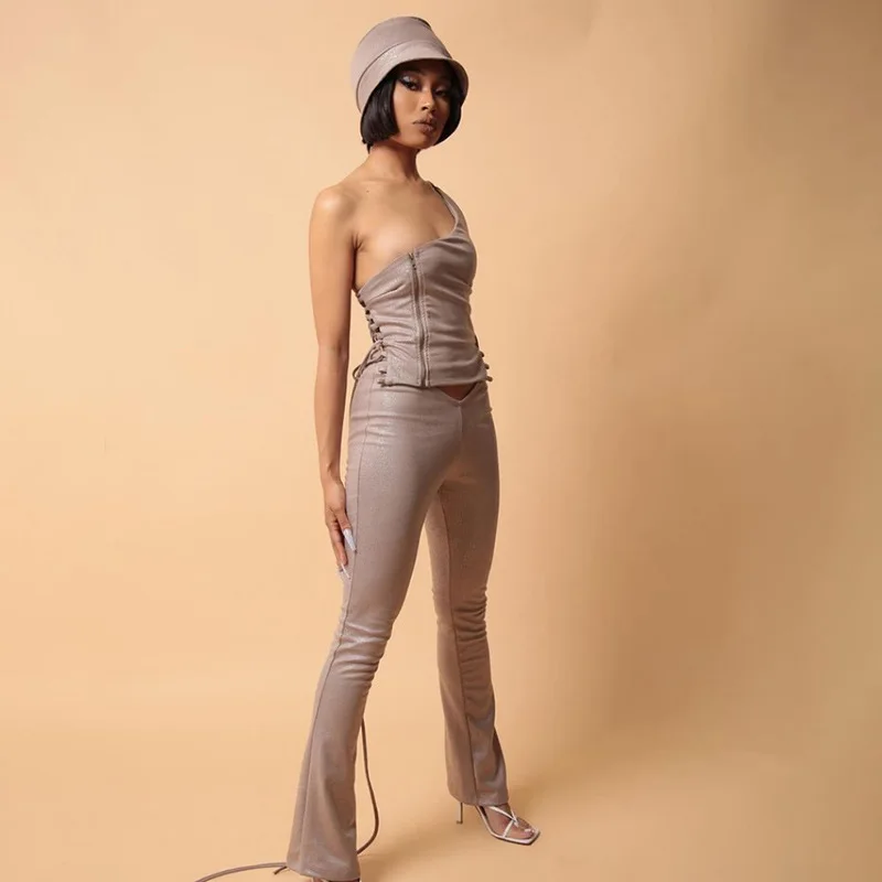 

Wholesale fashion casual crop top backless lace up sexy bodycon two piece sets women leather two piece flare pant set for women, As pictures