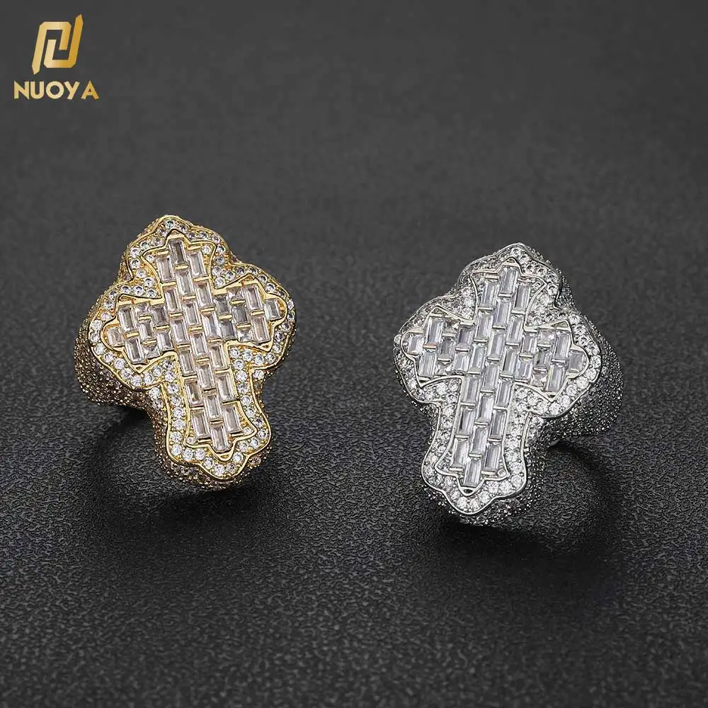 Hip Hop Baguette Diamond Luxury Rings 18k Gold Plated With Iced Cubic Zirconia Cross Ring for Men Women