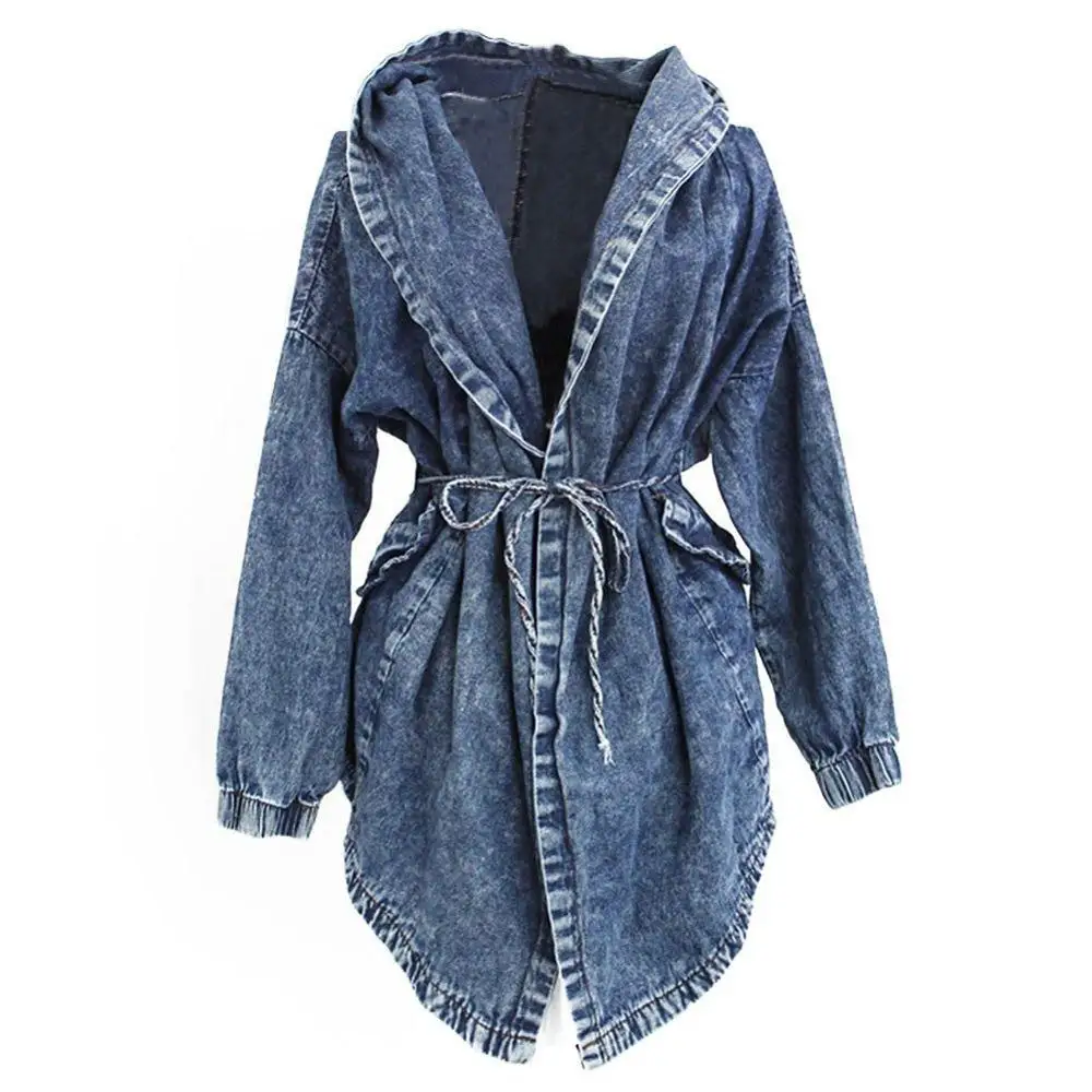 

Hot selling hooded  long demin jackets fashion Simplicity long women denim jackets, 4 colors