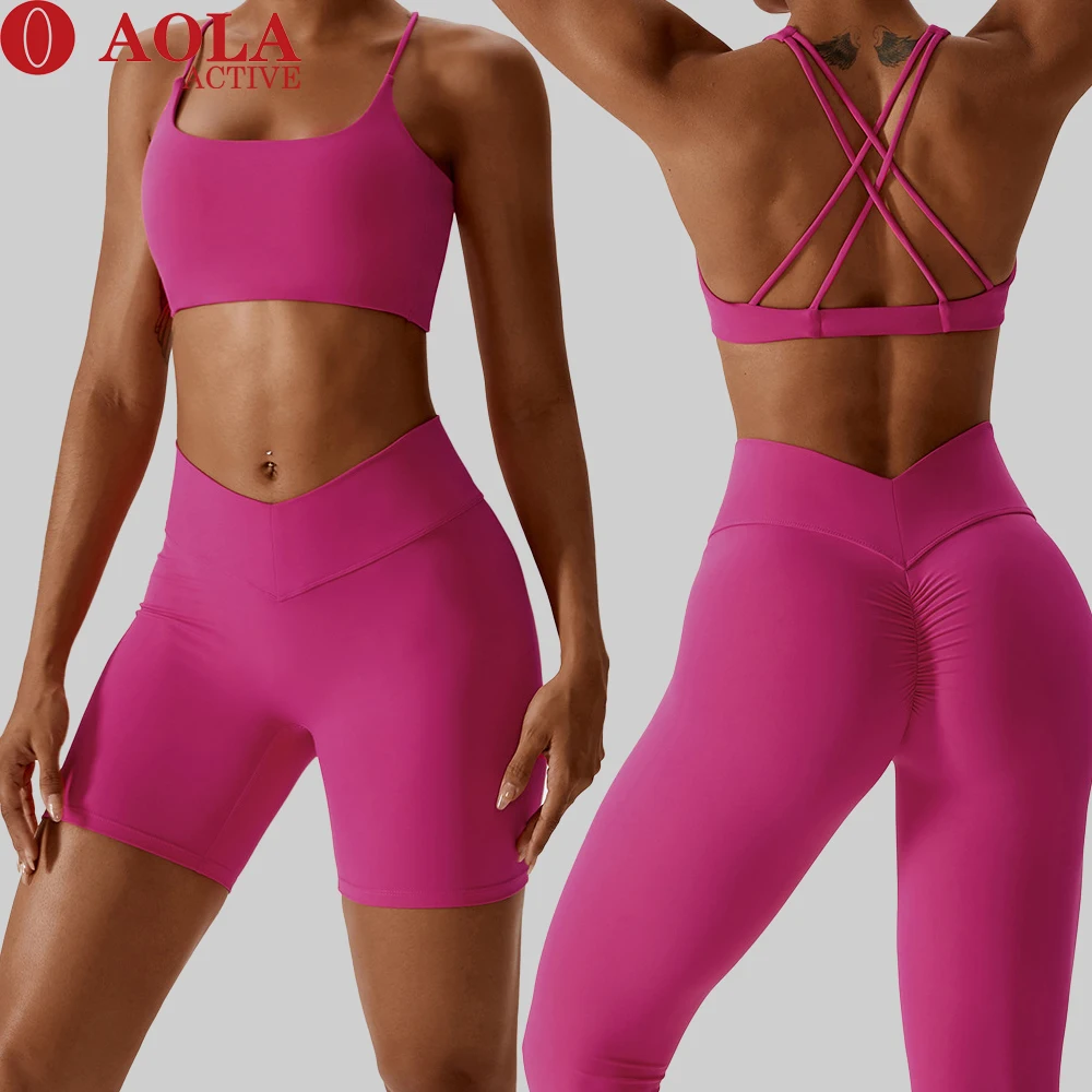 

AOLA Front Cross Yoga Four Way Stretch Workout Bra Gym Fitness Sets Sports V Cut Shorts Leggings For Women Custom Logo