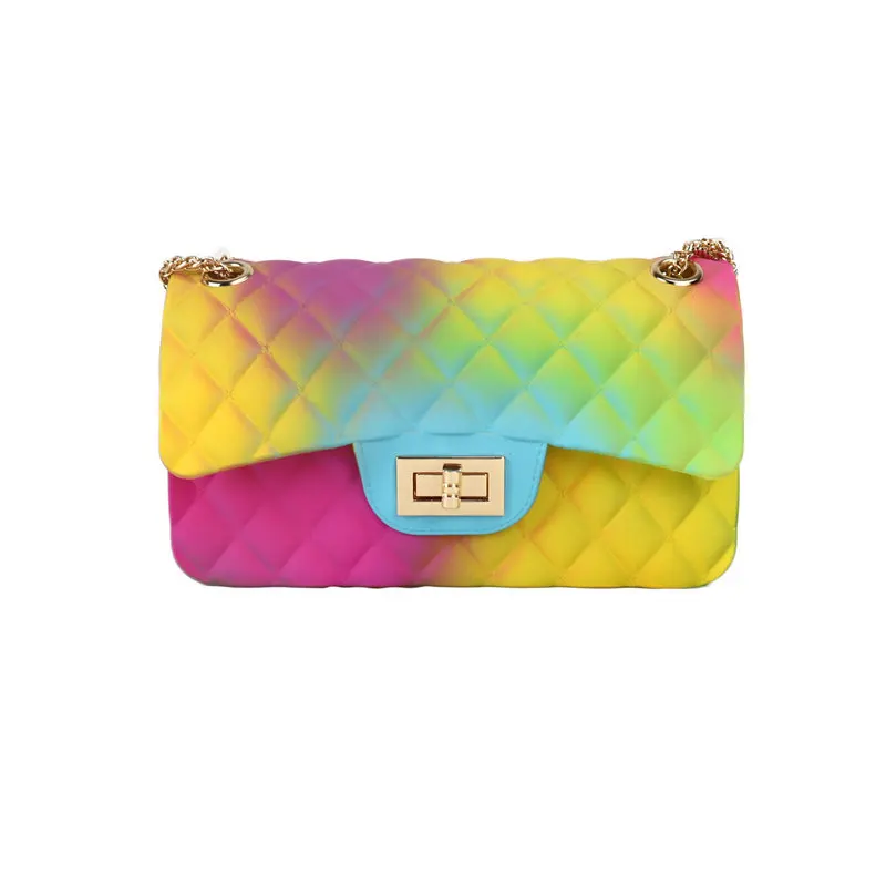 

Factory wholesale rainbow female bag one shoulder cross body V pattern chain color jelly bag for women