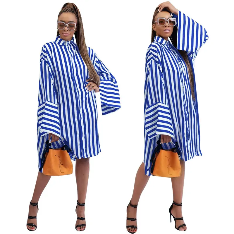 

90716-MX56 flare sleeve plus size striped shirts casual dresses