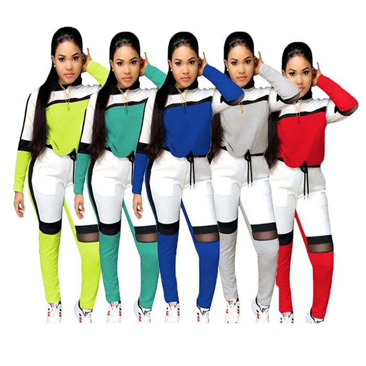 A080143 2019 casual patchwork leisure sports long sweat suit new fall two piece woman pants set
