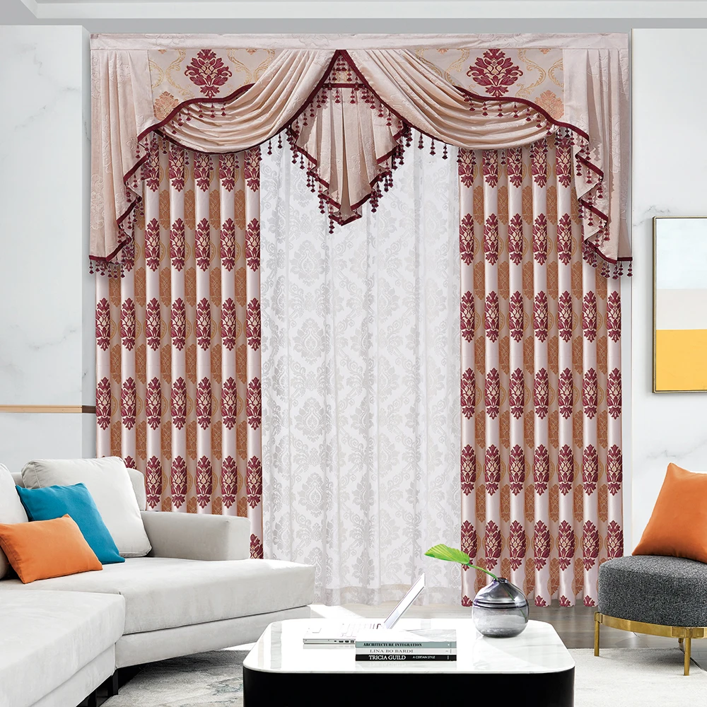 

Jacquard Valance Curtain Beige Window Curtain Elegant Full Set Ready Made Stock Customize Beaded Big Flower Luxury Sheer Curtain