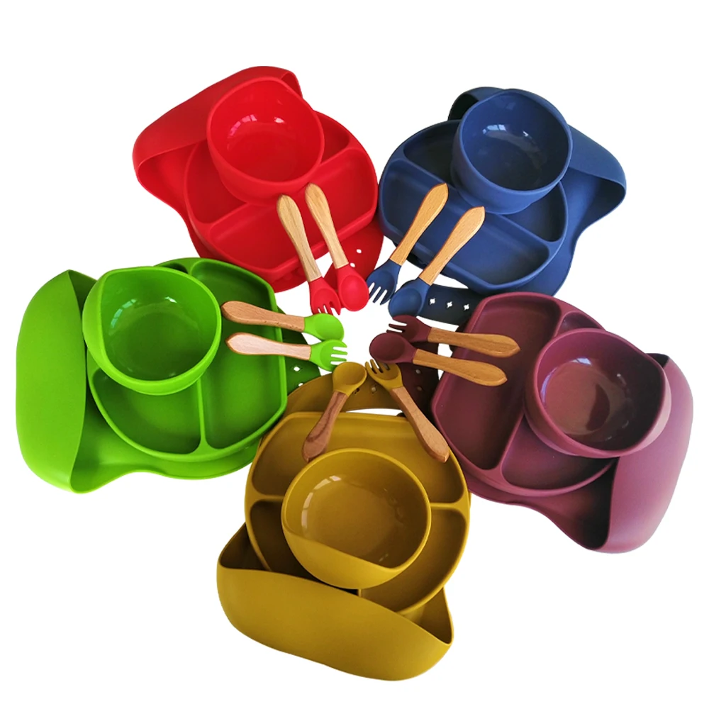 

BPA Free Baby Supplies 5 Pack Silicone Bowl Set Silicone Plate Bib Spoon Fork Silicone Baby Feeding Set For Baby Feeding